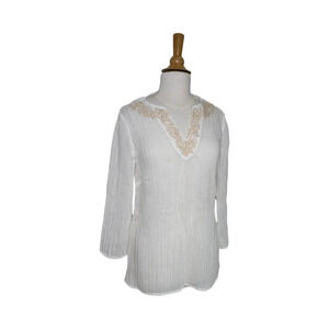 🟡Rafaella Gauzy Crinkle  Sheer Wide Sleeve Blouse Beaded Collar Trim Size M